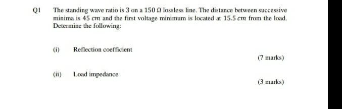 Solved QI The standing wave ratio is 3 on a 1500 lossless | Chegg.com