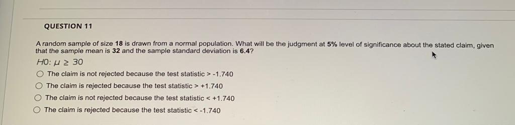 Solved QUESTION 11 A random sample of size 18 is drawn from | Chegg.com