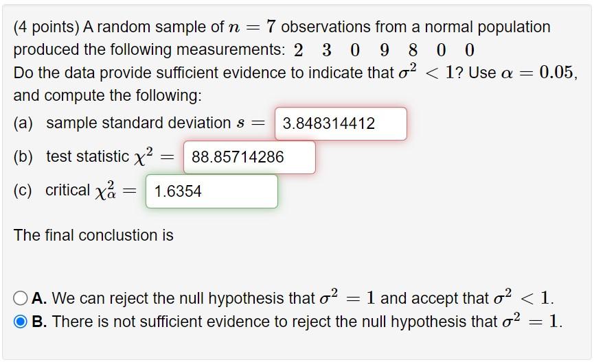 Solved (4 points) A random sample of n=7 observations from a | Chegg.com