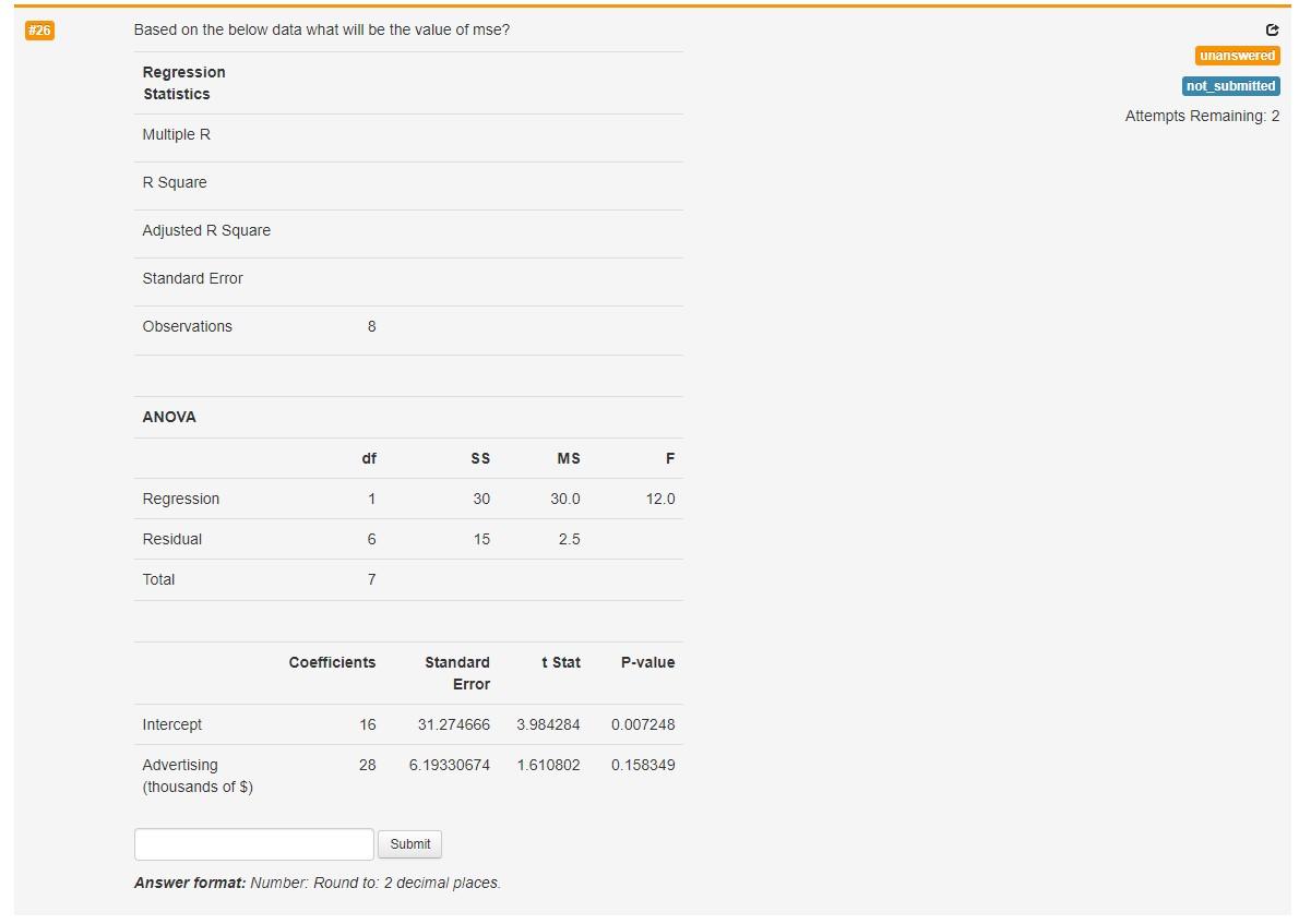 Solved B26 Based on the below data what will be the value of | Chegg.com
