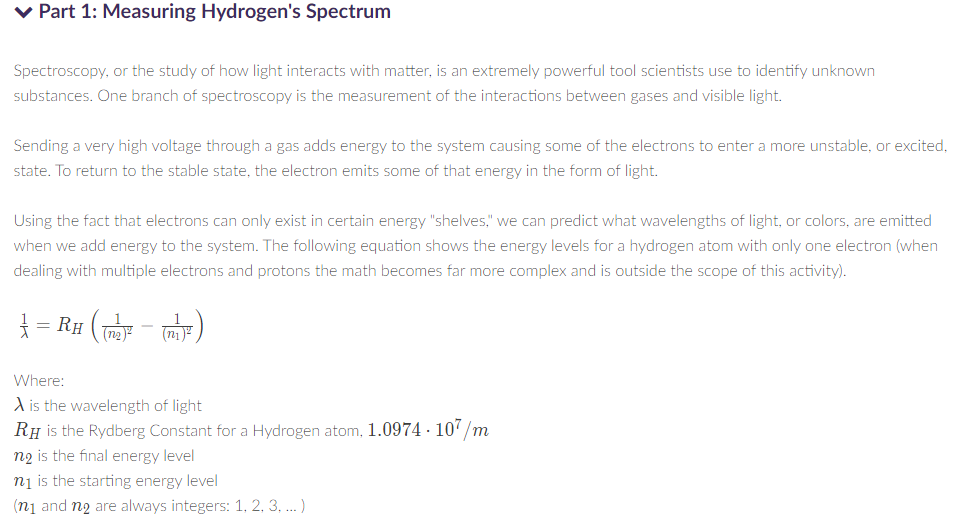 Solved v Part 1 Measuring Hydrogen's Spectrum Spectroscopy,