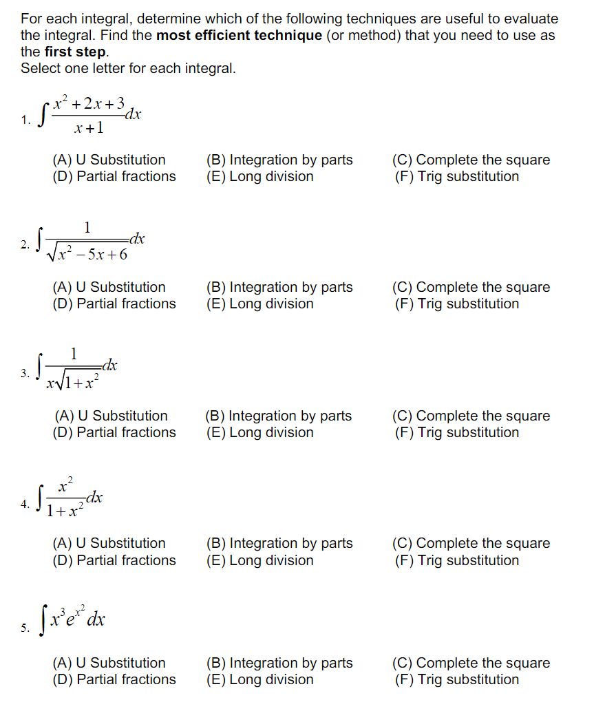 Solved For each integral, determine which of the following | Chegg.com