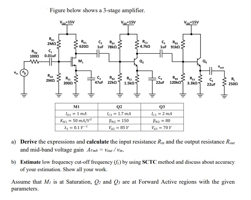 Solved Figure below shows a 3-stage amplifier.aRin ﻿and the | Chegg.com