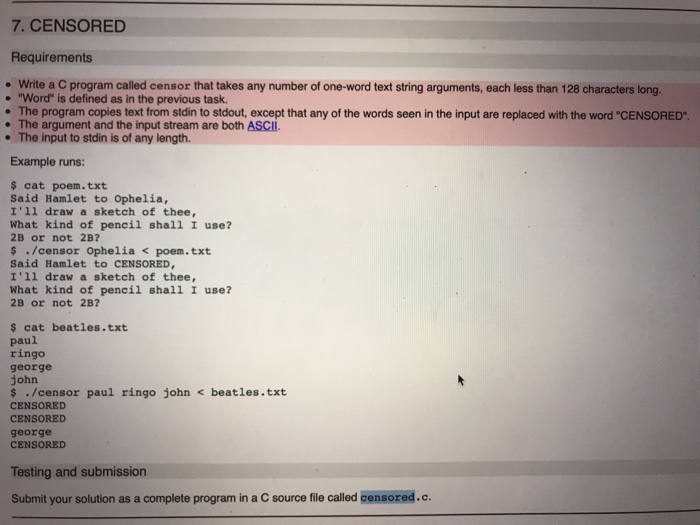Solved 7. CENSORED Requirements Write a C program called | Chegg.com