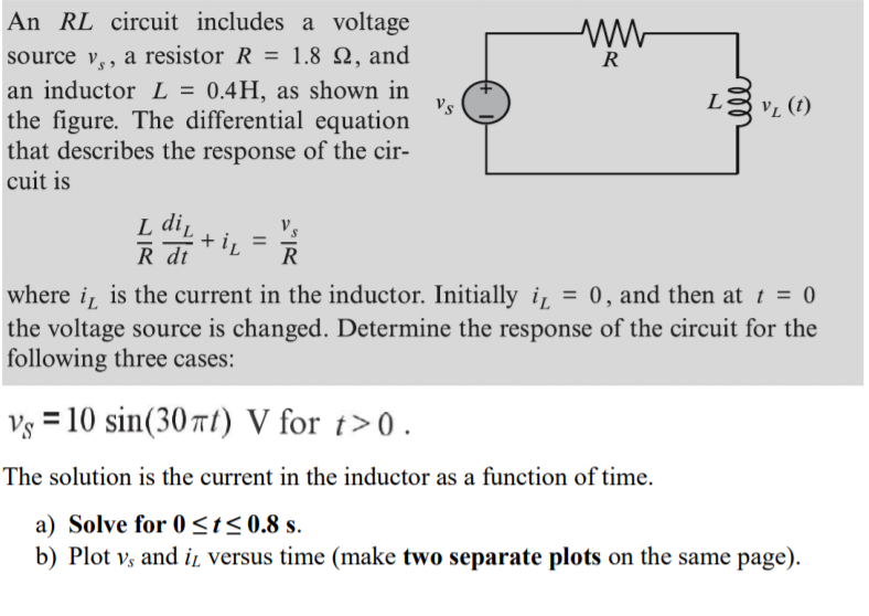 Solved R An RL circuit includes a voltage source v,, a | Chegg.com