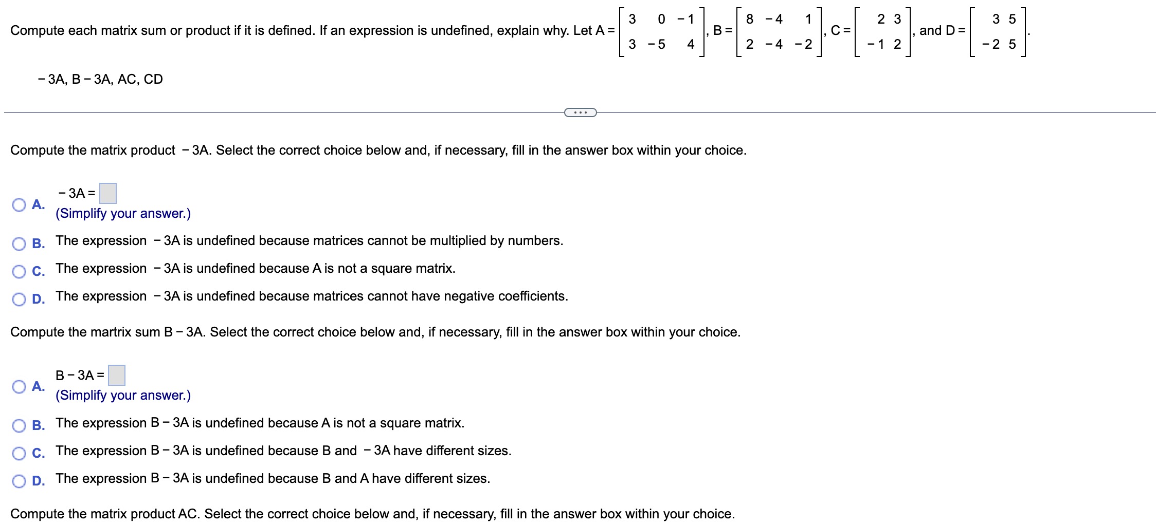 Solved −3A,B−3A,AC,CD Compute the matrix product −3A. Select | Chegg.com