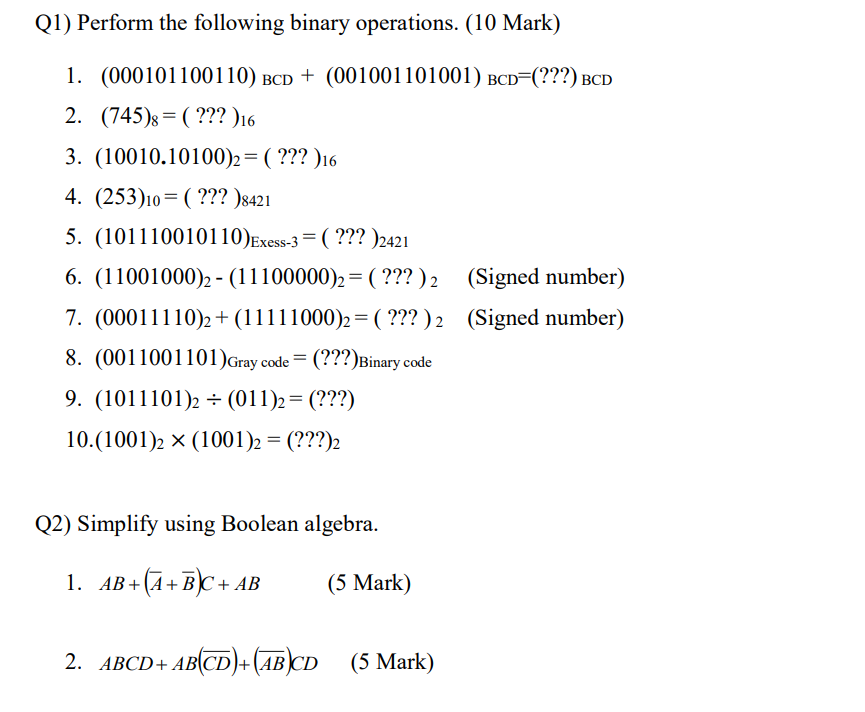 Solved Q1) Perform The Following Binary Operations. (10 | Chegg.com