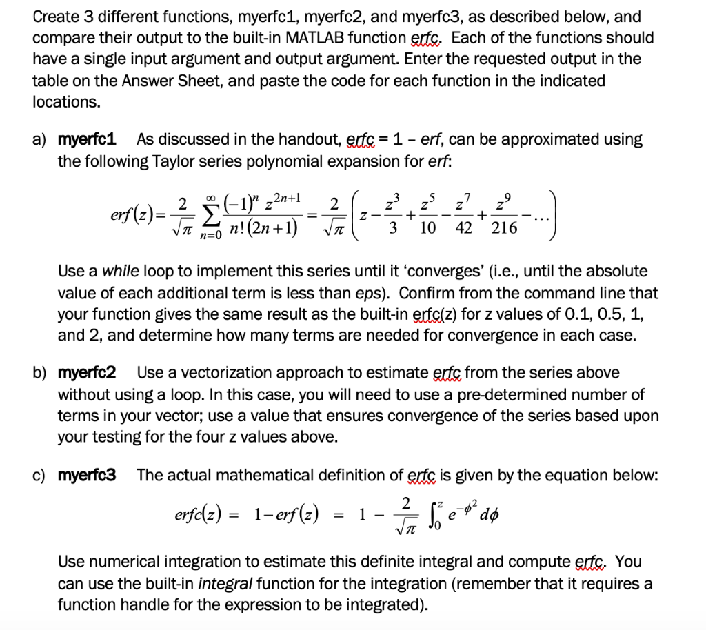 Solved Create 3 different functions, myerfc1, myerfc2, and | Chegg.com