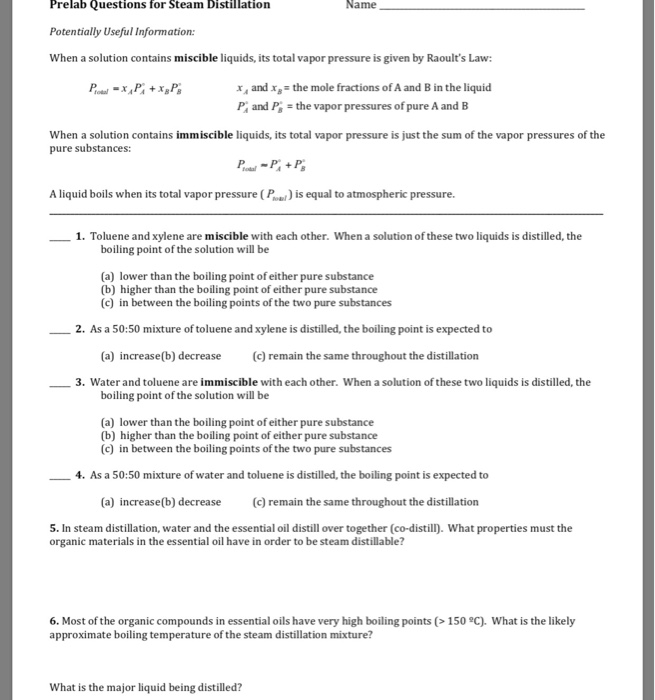 Solved Prelab Questions for Steam Distillation Potentially | Chegg.com