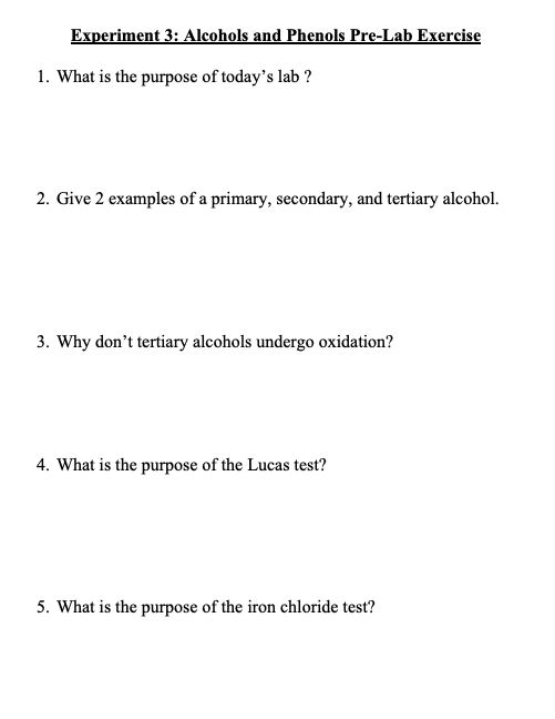 Solved Experiment 3 Alcohols and Phenols PreLab Exercise