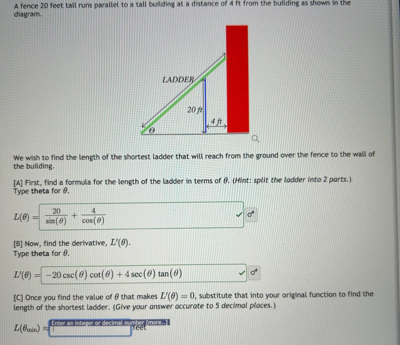 Solved A fence 20 feet tall runs parallel to a tall building | Chegg.com