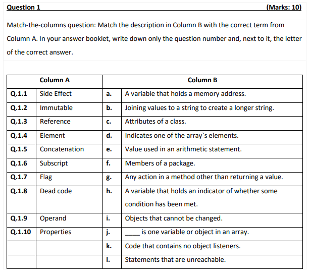 Solved Question 1 (Marks: 10) Match-the-columns Question: | Chegg.com