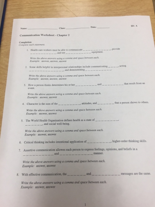 I Statements Communication Worksheet