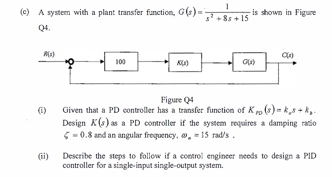 Solved (c) A system with a plant transfer function, | Chegg.com