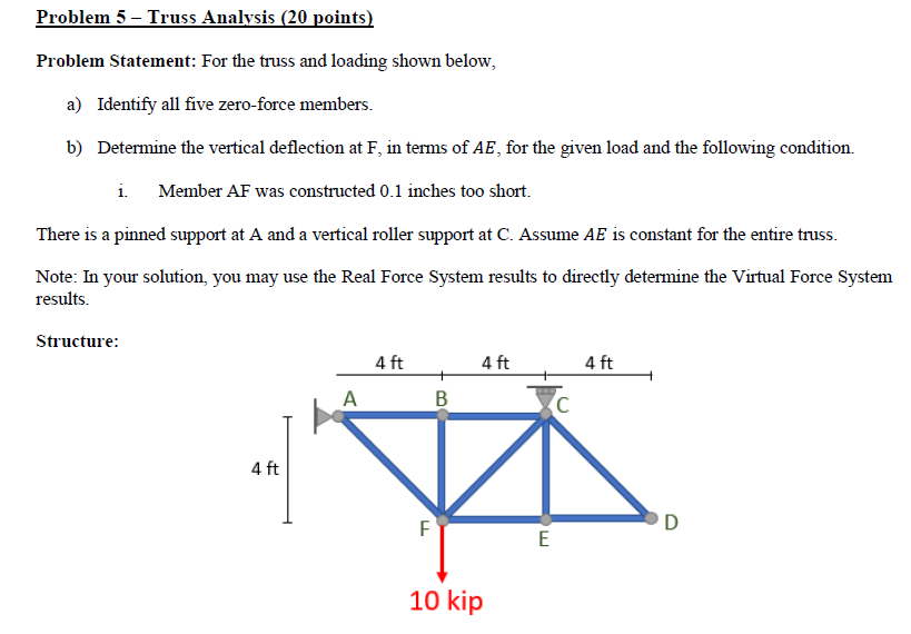 Solved Problem 5 - Truss Analysis (20 points) Problem | Chegg.com