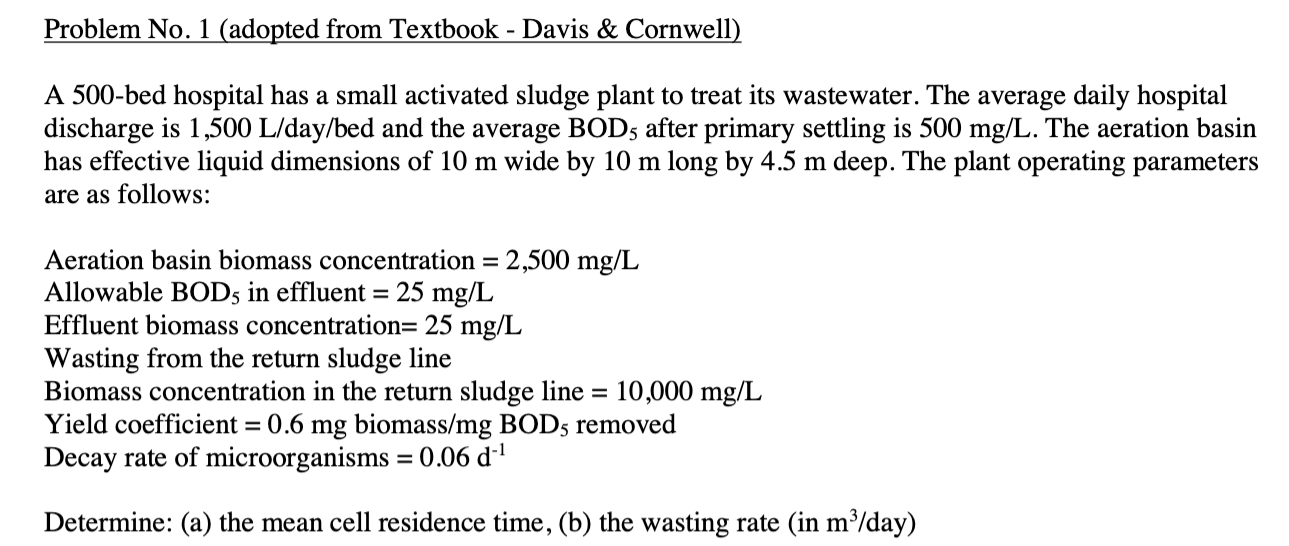 Solved A 500-bed hospital has a small activated sludge plant | Chegg.com