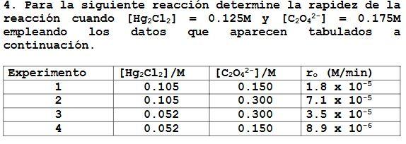 4. Para la siguiente reacción determine la rapidez de la reacción cuando \( \left[\mathrm{Hg}_{2} \mathrm{Cl}_{2}\right]=0.12