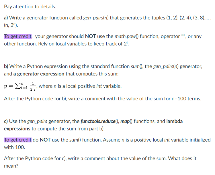 Solved Pay attention to details. a) Write a generator | Chegg.com