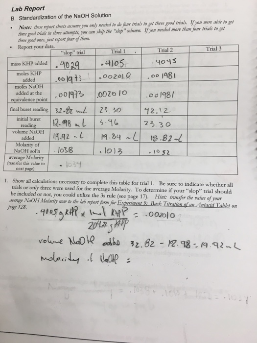 Lab Report B. Standardization Of The NaOH Solution | Chegg.com