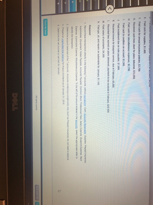 Solved E. Paid cash for supplies, 1,400 G. Received