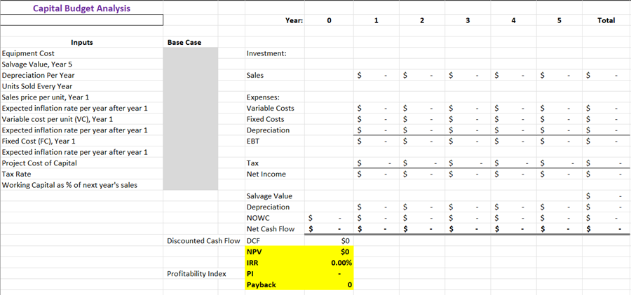 Solved Based on the inputs below prepare a capital budget | Chegg.com