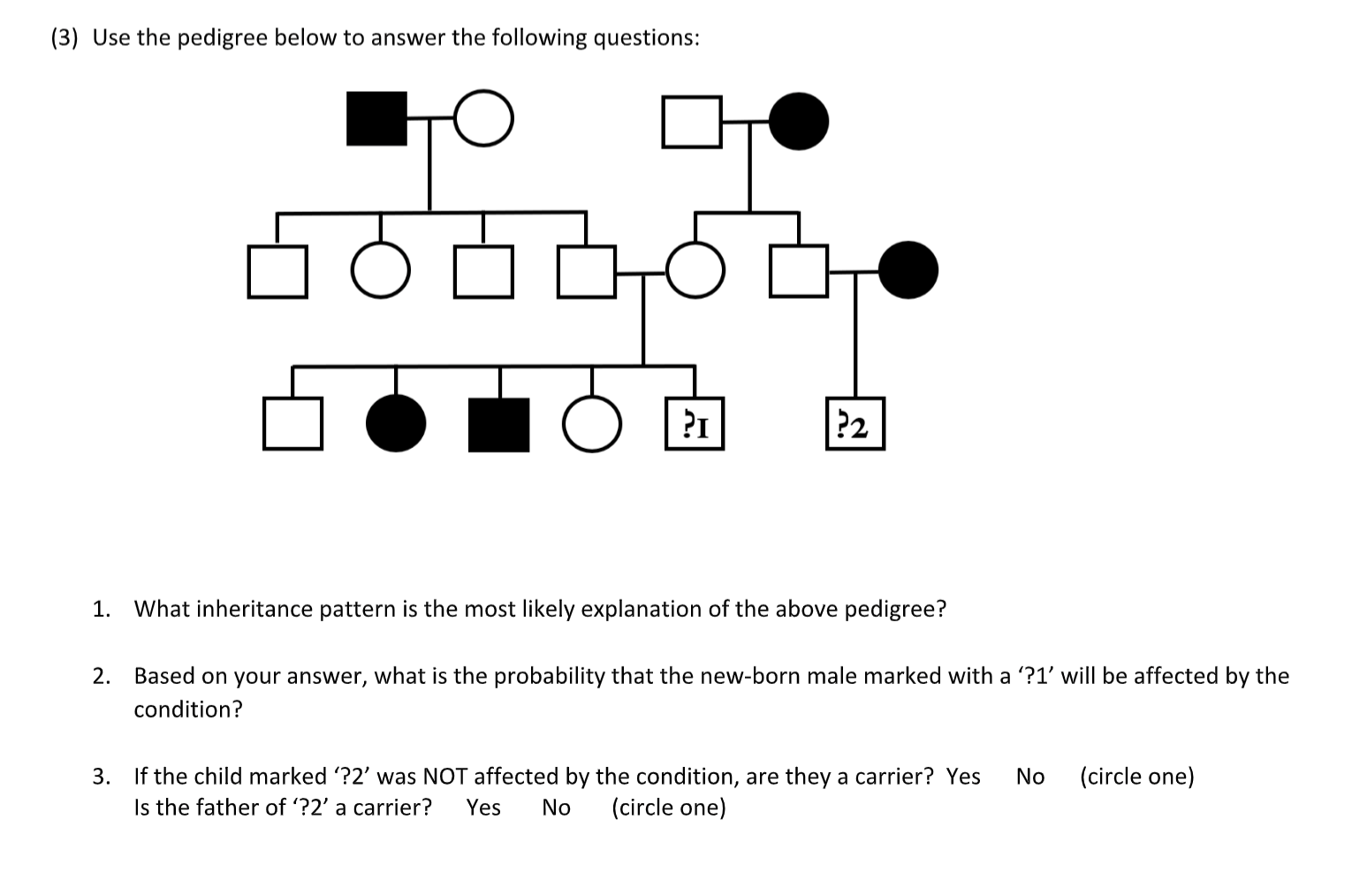 Solved (3) Use the pedigree below to answer the following | Chegg.com