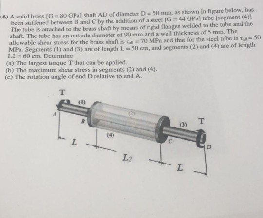 Solved .6) A solid brass (G 80 GPa] shaft AD of diameter D | Chegg.com