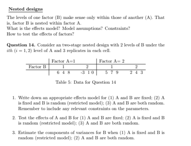 Nested designs The levels of one factor (B) make | Chegg.com