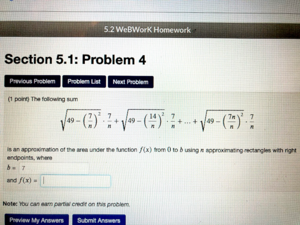 5.2 WebWork Homework Section 5.1: Problem 4 Previous | Chegg.com