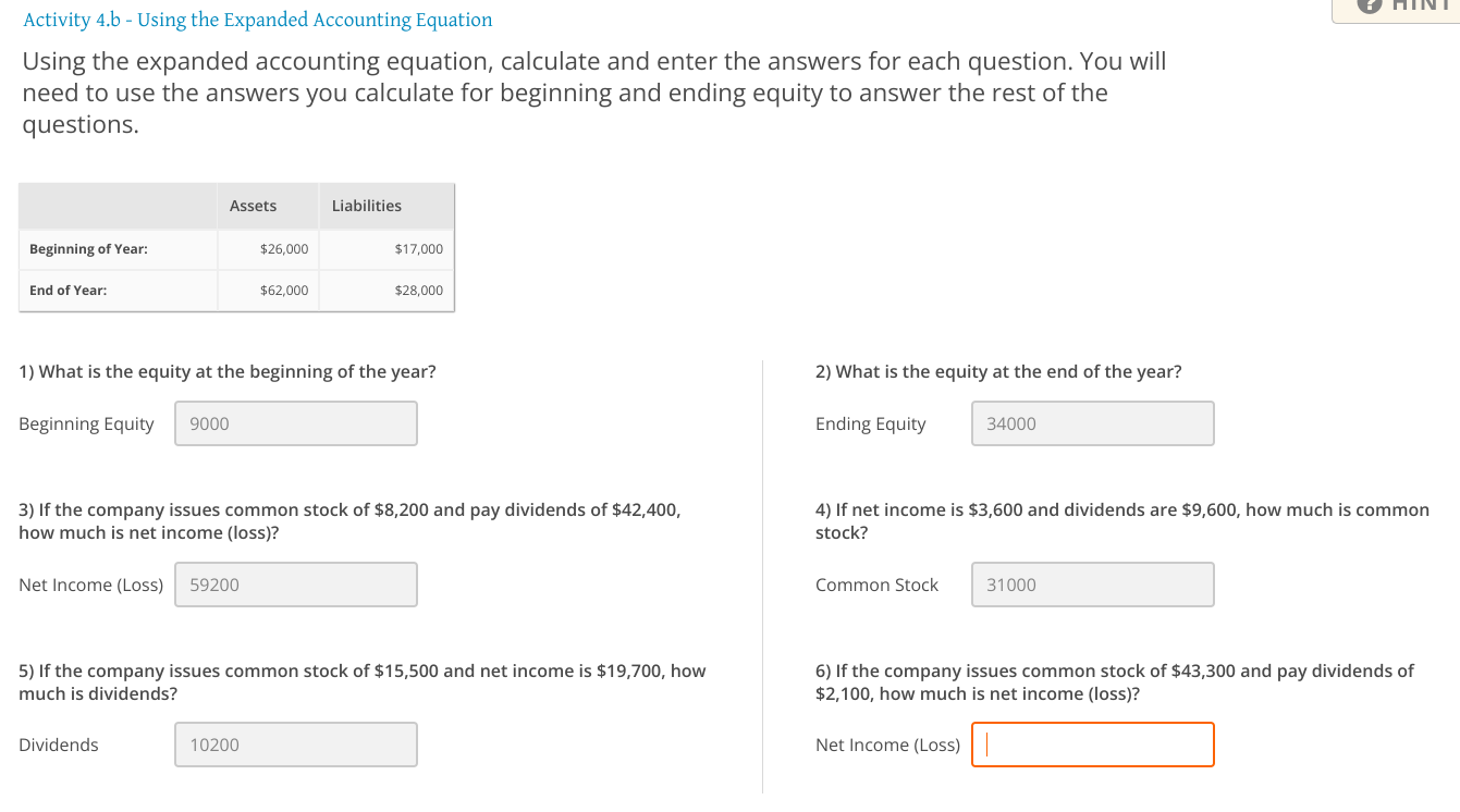 Activity \( 4 . b \) - Using the Expanded Accounting Equation
Using the expanded accounting equation, calculate and enter the