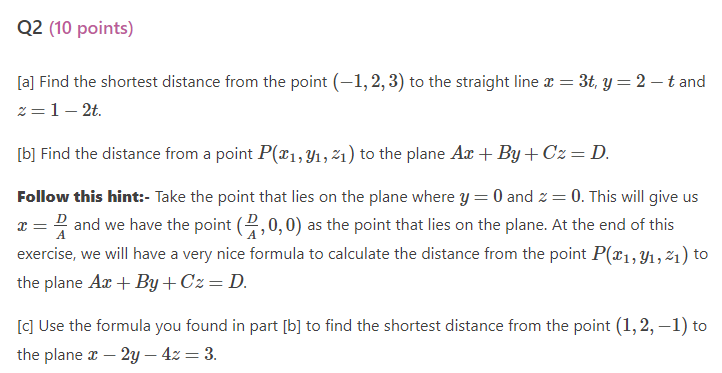 Solved [a] Find The Shortest Distance From The Point | Chegg.com