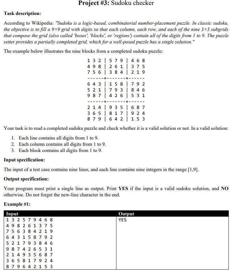 Solved Project #3: Sudoku checker Task description: | Chegg.com