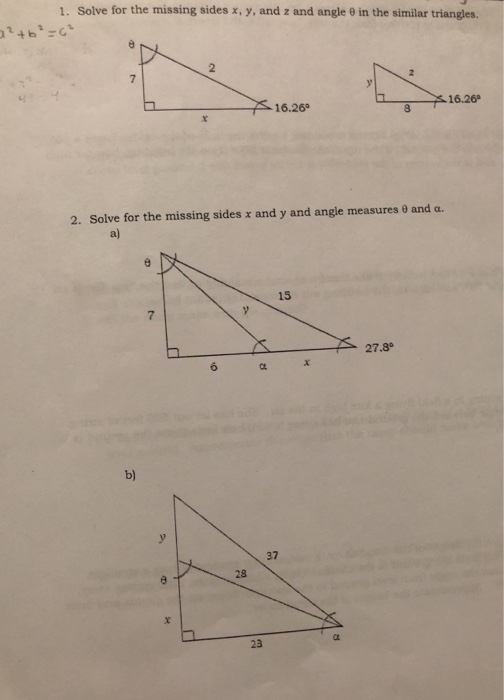 Solved 1. Solve for the missing sides x, y, and z and angle | Chegg.com