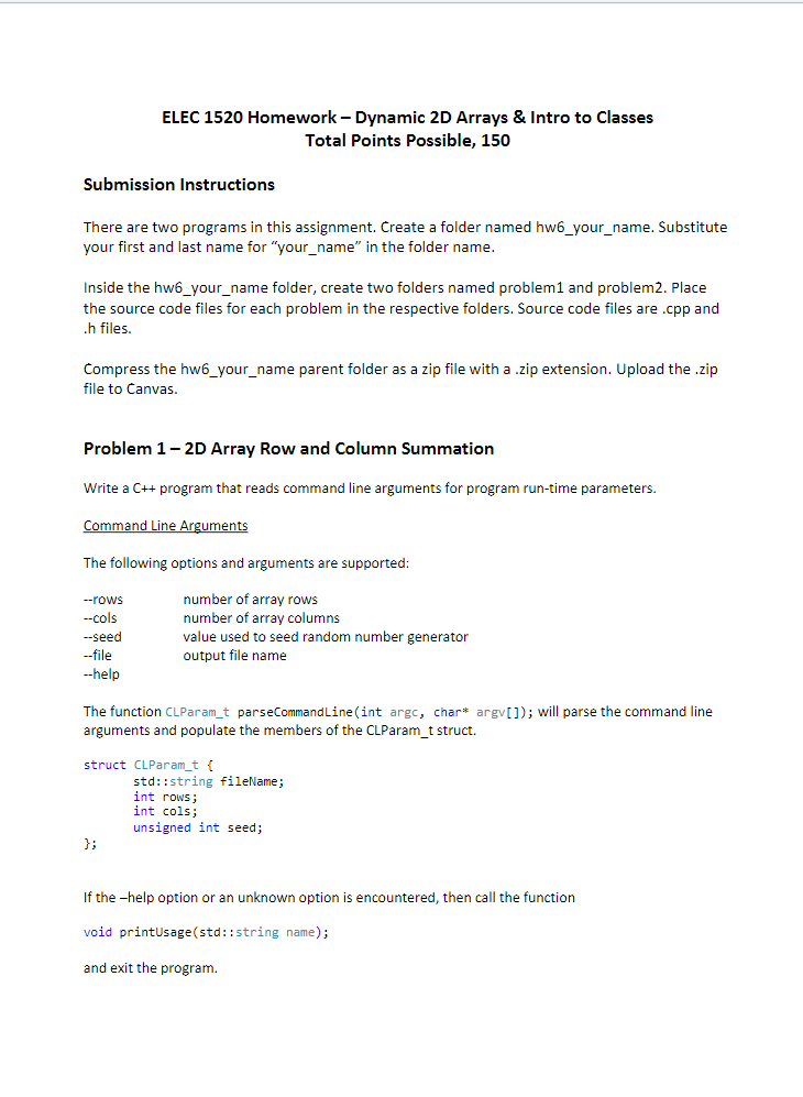 ELEC 1520 Homework – Dynamic 2D Arrays Total Points | Chegg.com