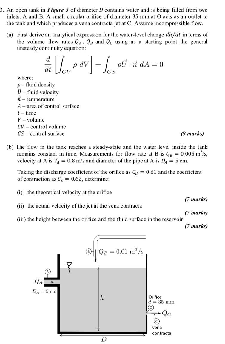 Solved 3 An Open Tank In Figure 3 Of Diameter D Contains Chegg Com