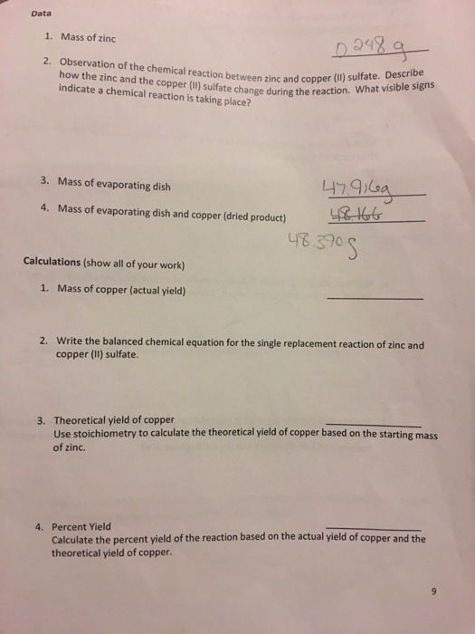 Solved Data 1. 2. Mass of zinc Observation of the chemical