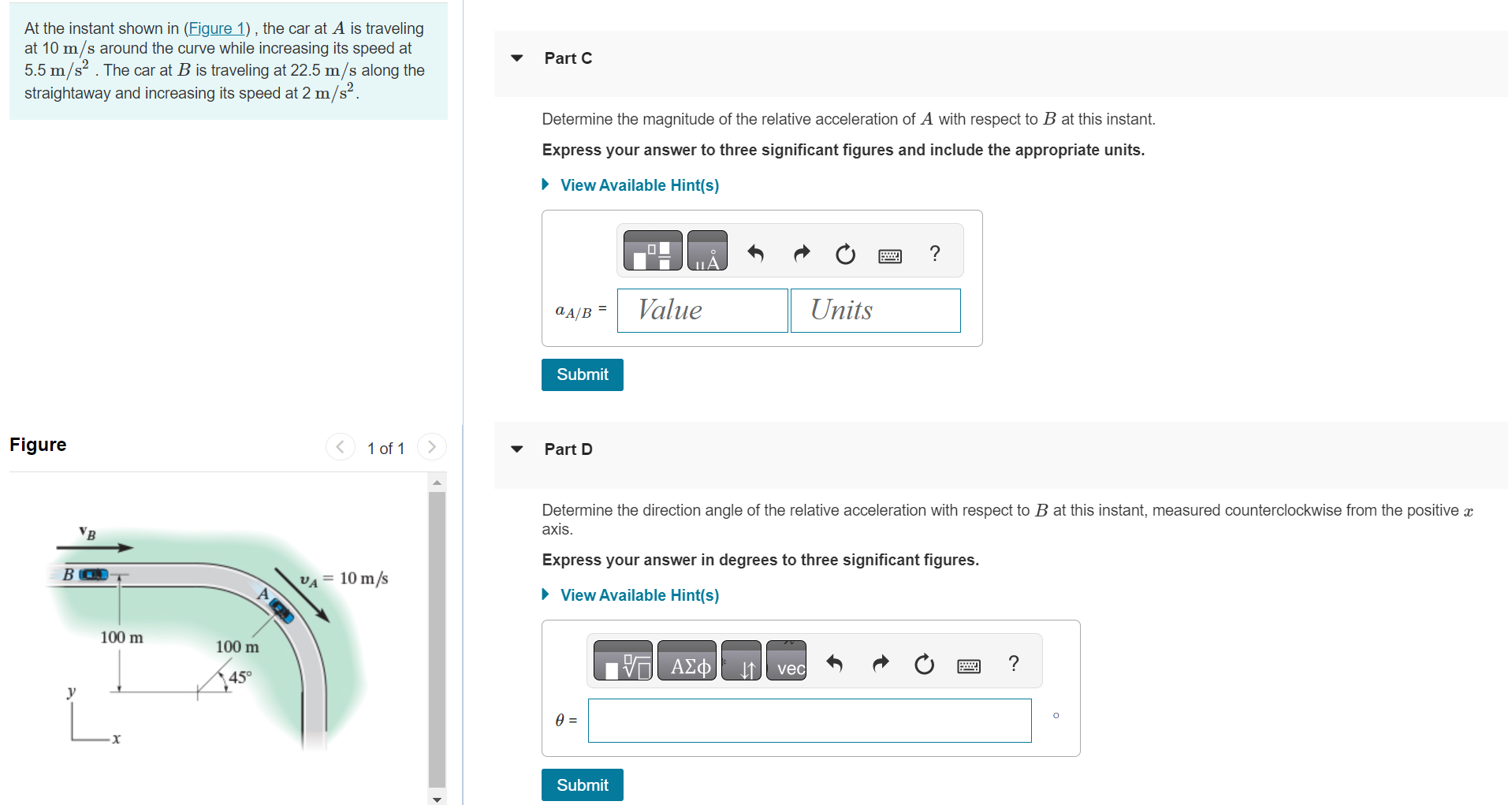 Solved At the instant shown in (Figure 1), the car at A is | Chegg.com