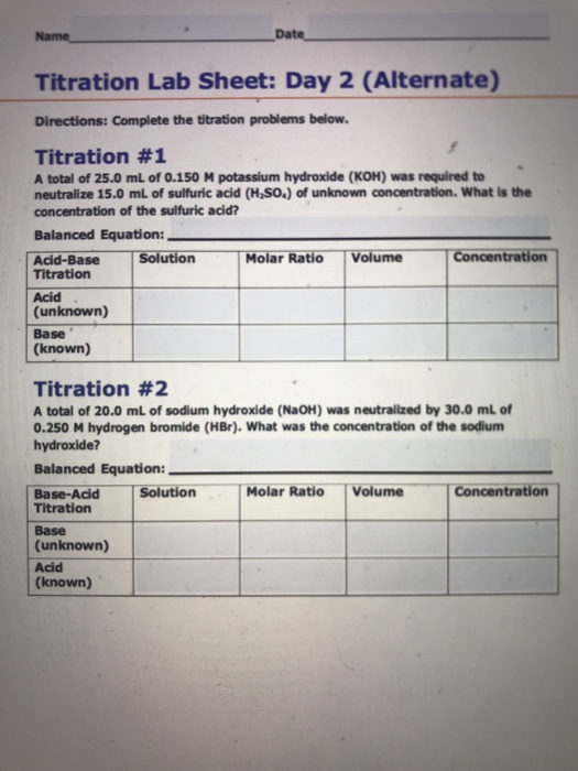 Solved Name Date, Titration Lab Sheet Day 2 (Alternate)
