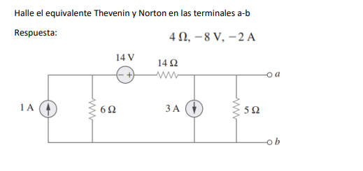 Halle el equivalente Thevenin y Norton en las terminales \( a-b \) Respuesta: \[ 4 \Omega,-8 \mathrm{~V},-2 \mathrm{~A} \]