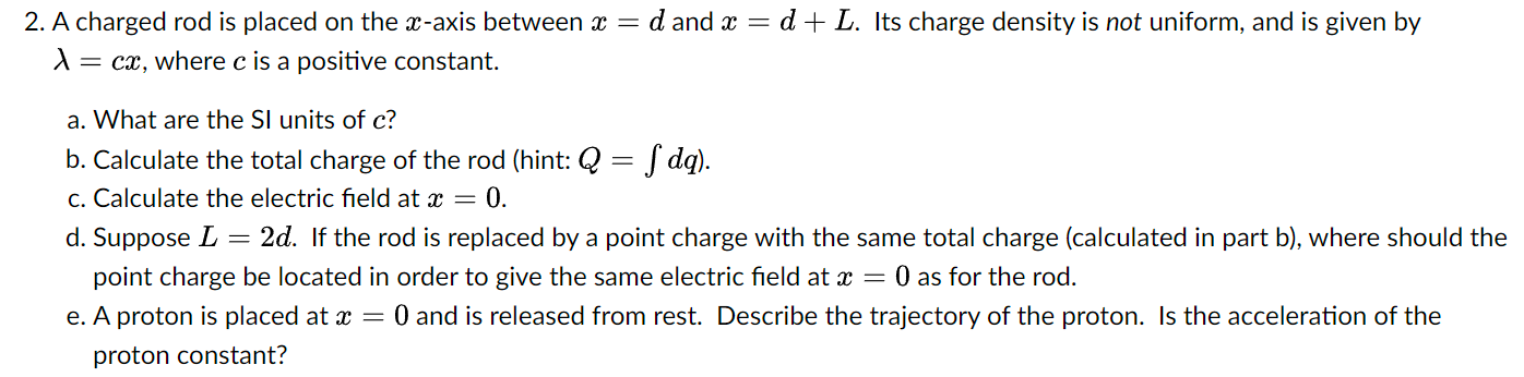 Solved 2. A charged rod is placed on the x-axis between x=d | Chegg.com