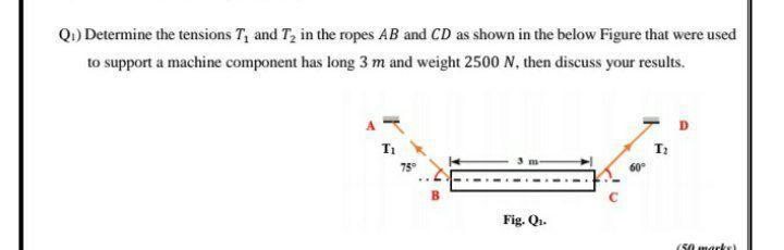 Solved Q1) Determine the tensions T, and T, in the ropes AB | Chegg.com