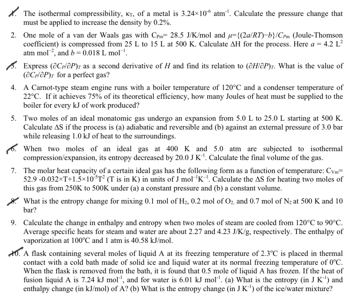 Find the isothermal compressibility `x` of a Van der Walls gas as