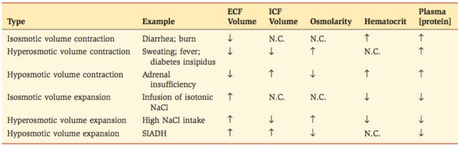 \begin{tabular}{lllllll}
\hline Type & Example & ECF Volume & ICF Volume & Osmolarity & Hematocrit & Plasma [protein] \\
\hli