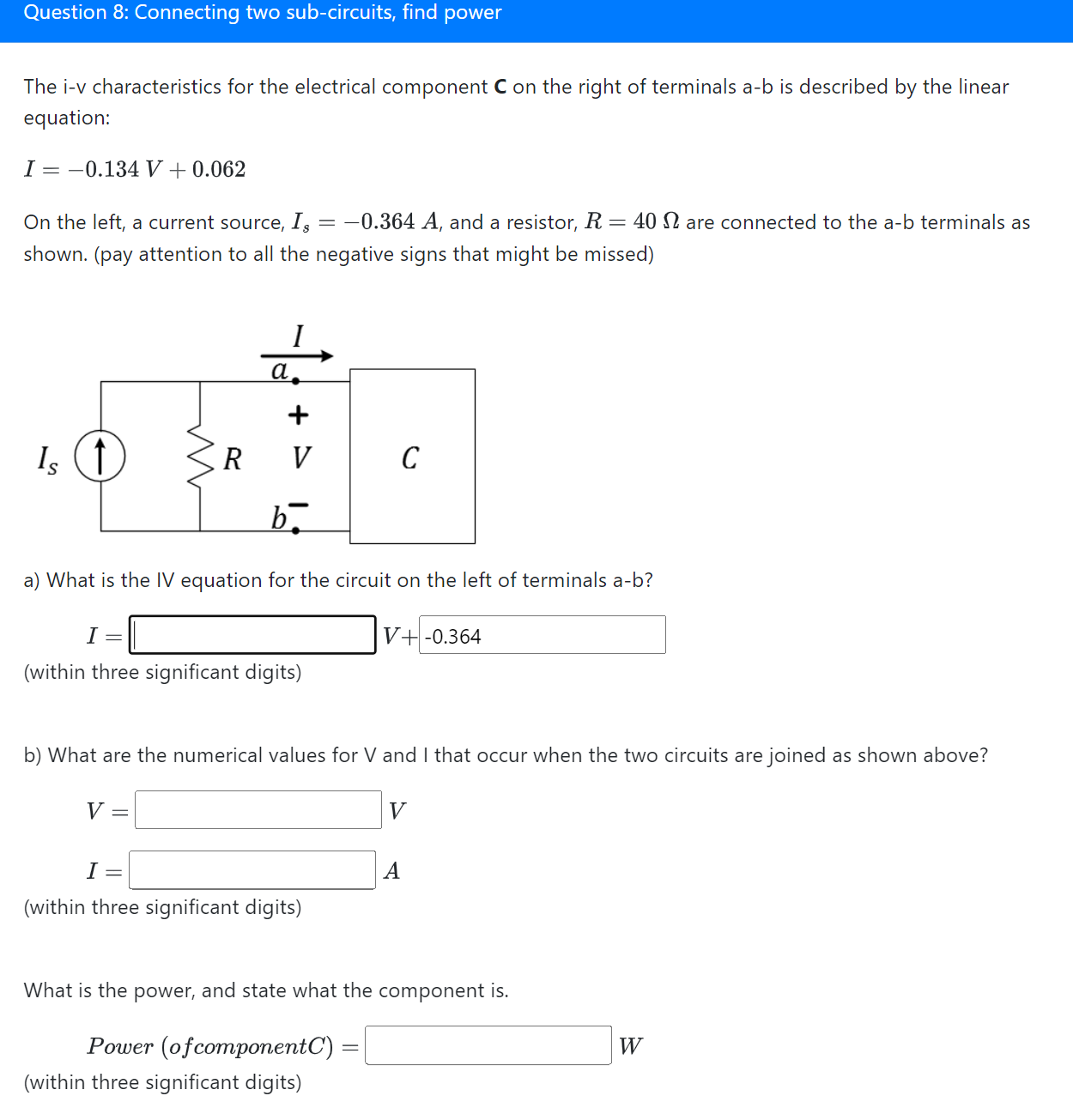 Solved Question 8: Connecting Two Sub-circuits, Find Power | Chegg.com