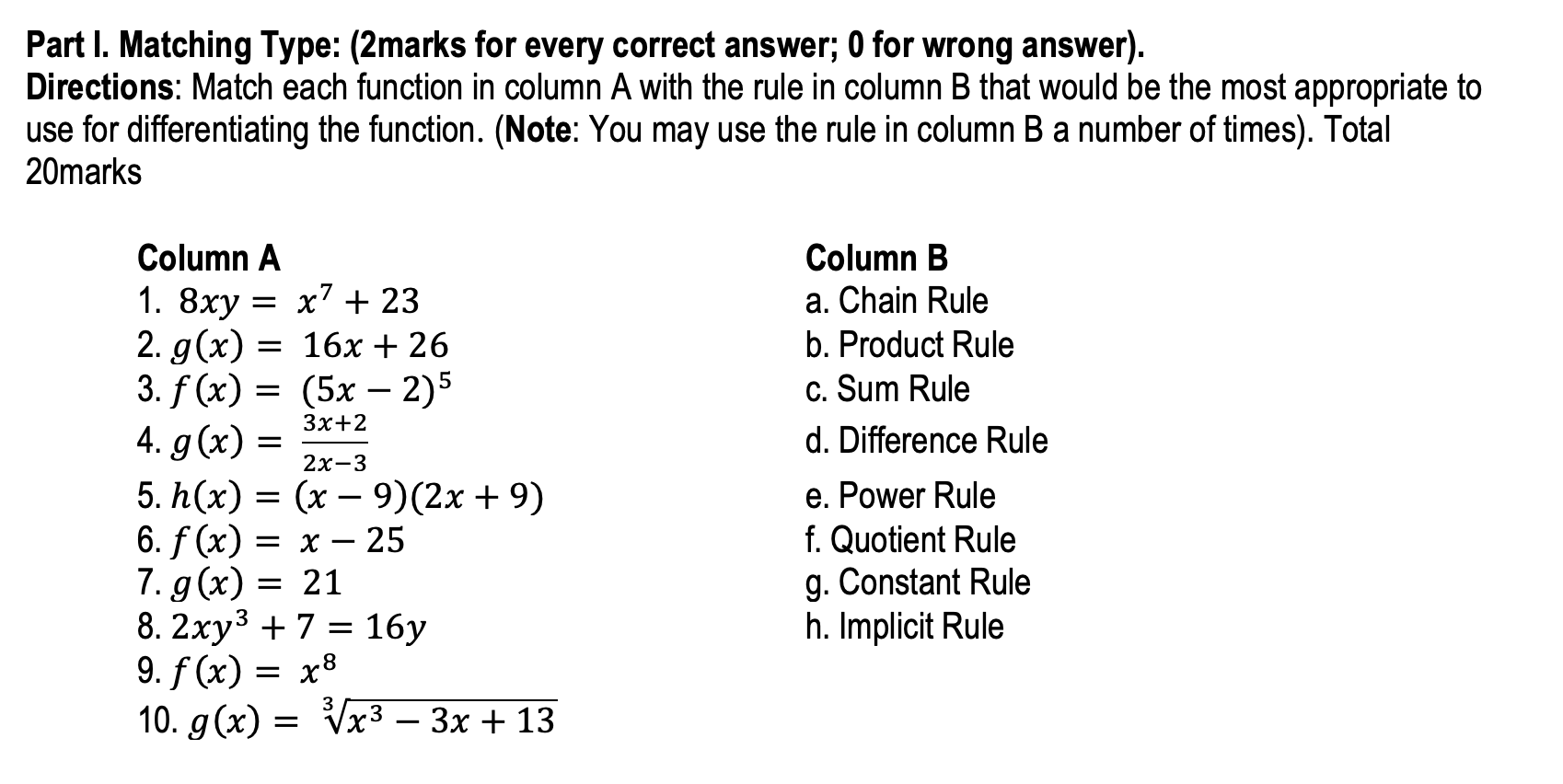 Solved Part I. Matching Type: (2marks for every correct | Chegg.com