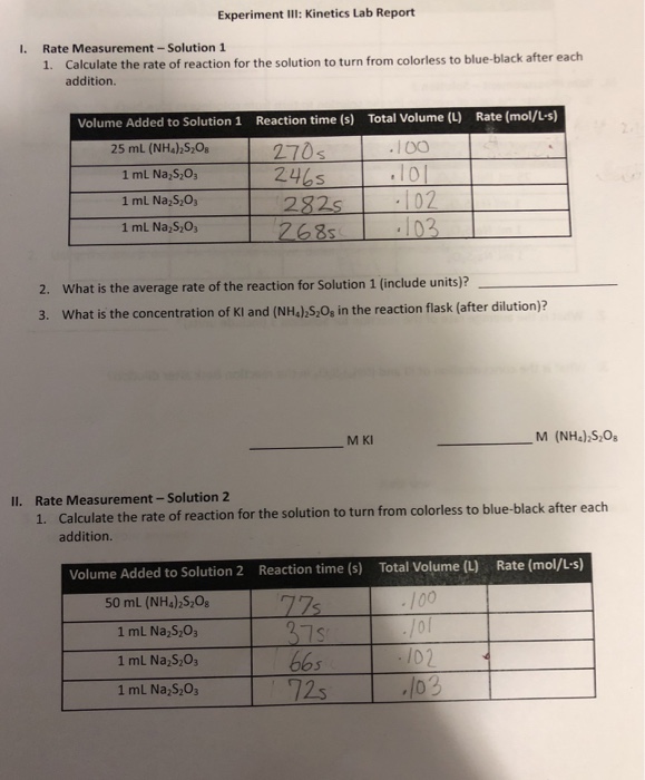 Experiment III: Kinetics Lab Report Rate Measurement- | Chegg.com