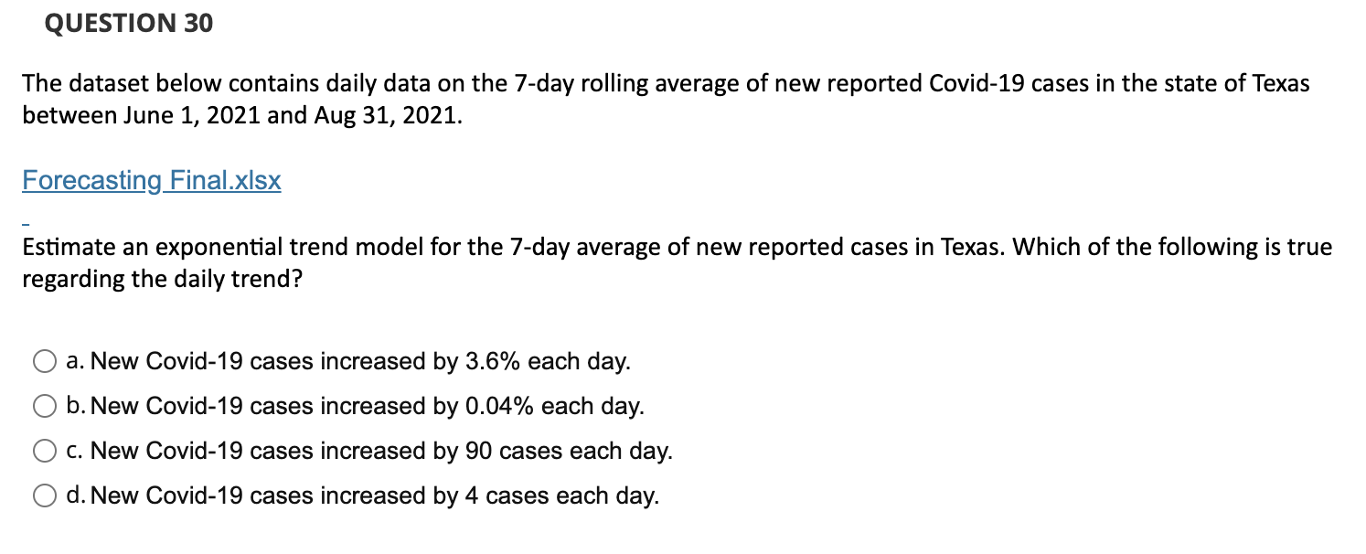 Solved QUESTION 30 The Dataset Below Contains Daily Data On Chegg
