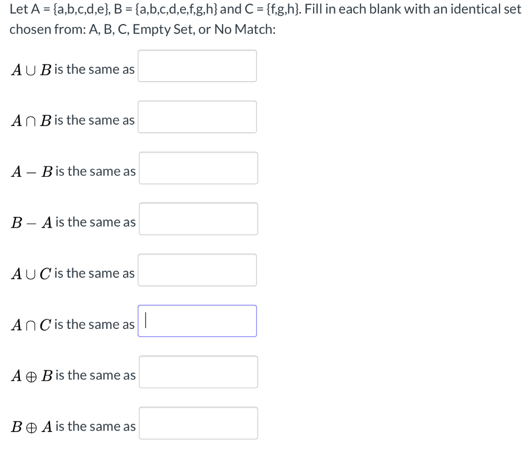 Solved Let A = {a,b,c,d,e}, B = {a,b,c,d,e,f,g,h} And C = | Chegg.com