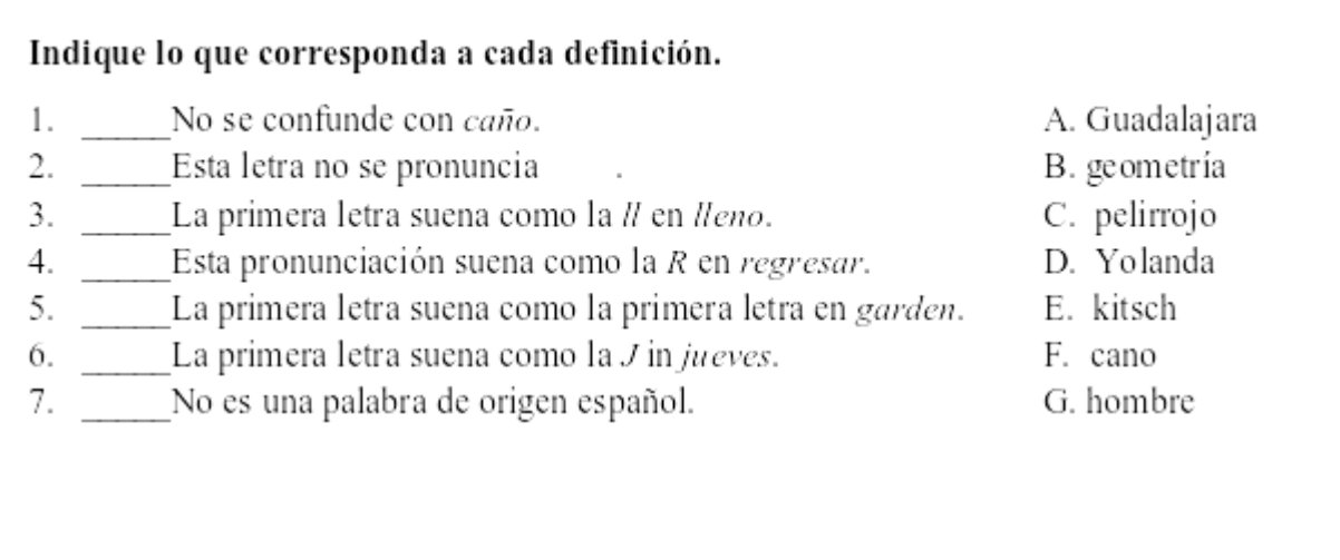 Indique lo que corresponda a cada definición. \( \begin{array}{lll}\text { 1. } & \text { No se confunde con caño. } & \text