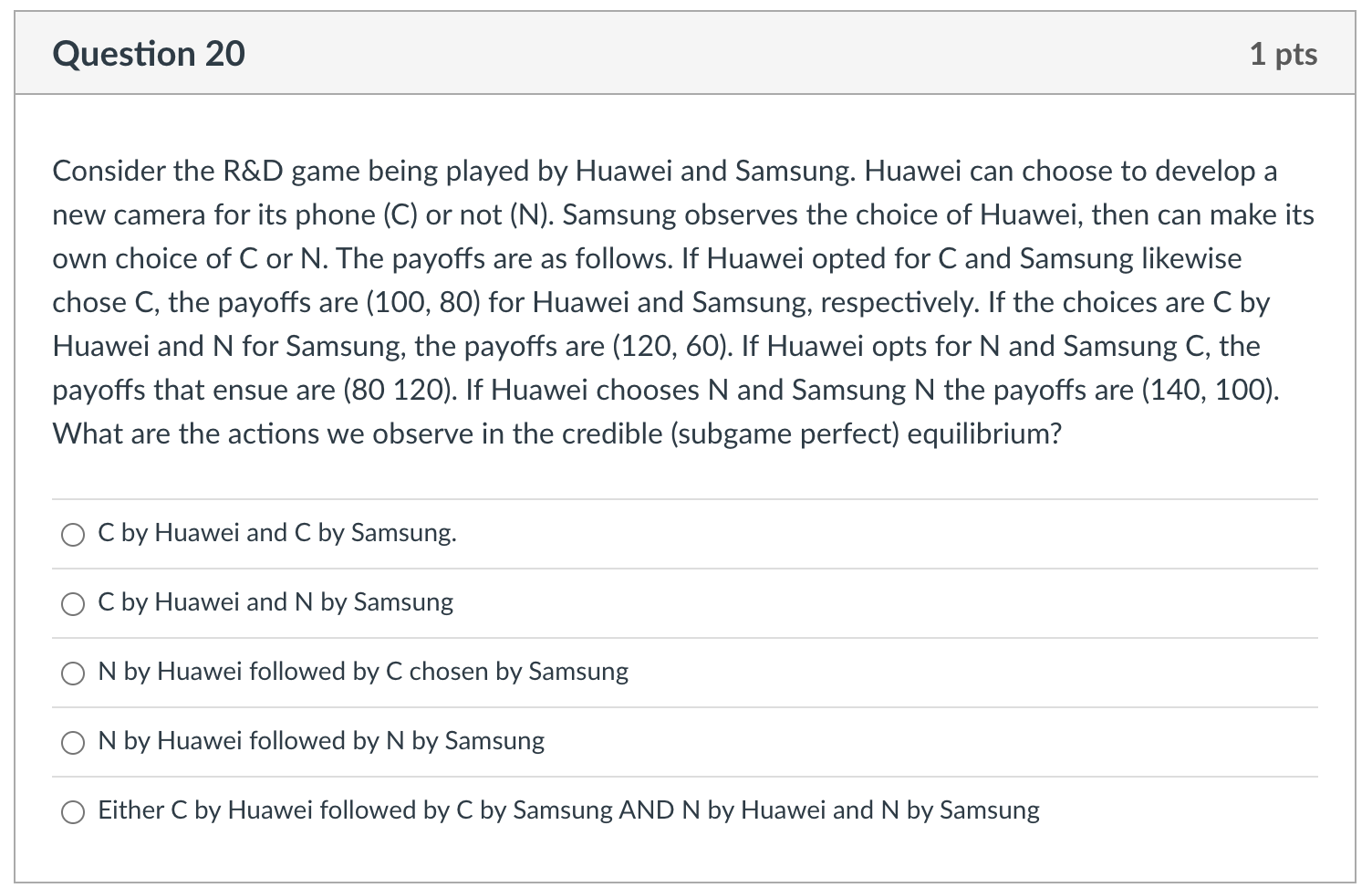 Consider the R&D game being played by Huawei and Samsung. Huawei can choose to develop a new camera for its phone (C) or not